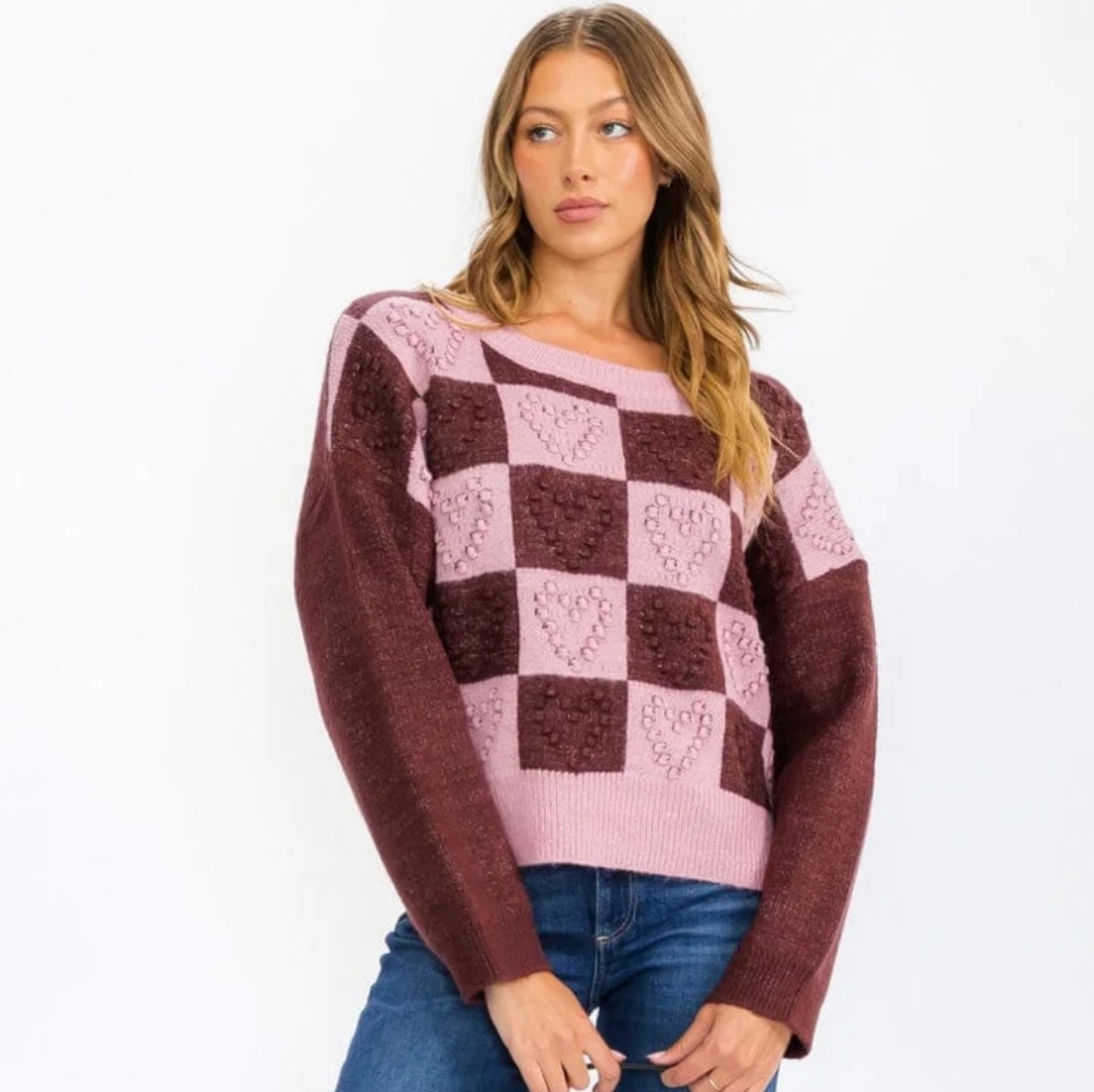 NIB Heart Checkered Colorblock Sweater - S